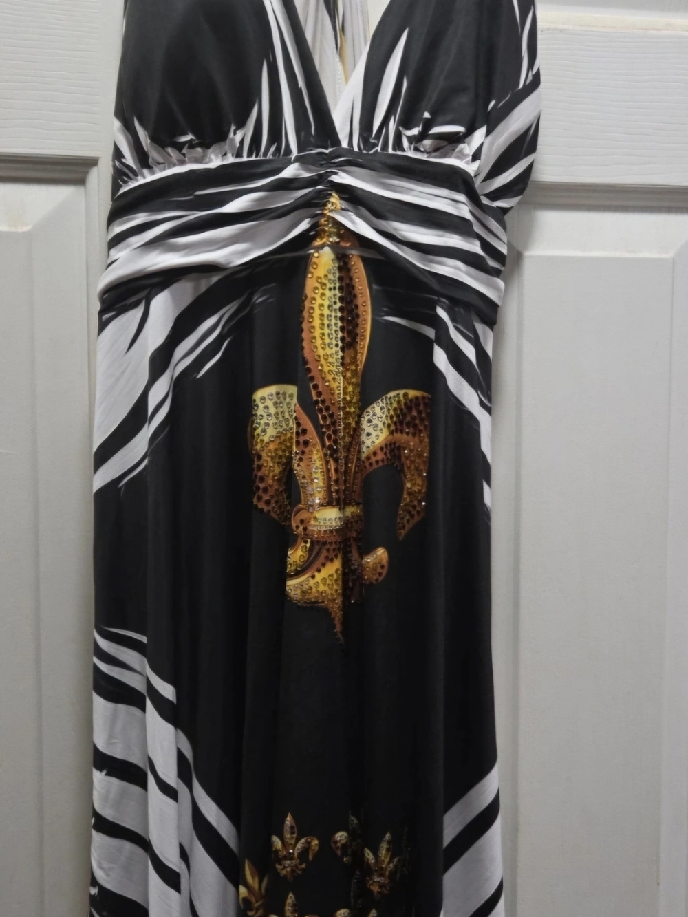 Black & White Maxi Dress with Gold Fleur-de-Lis Detail